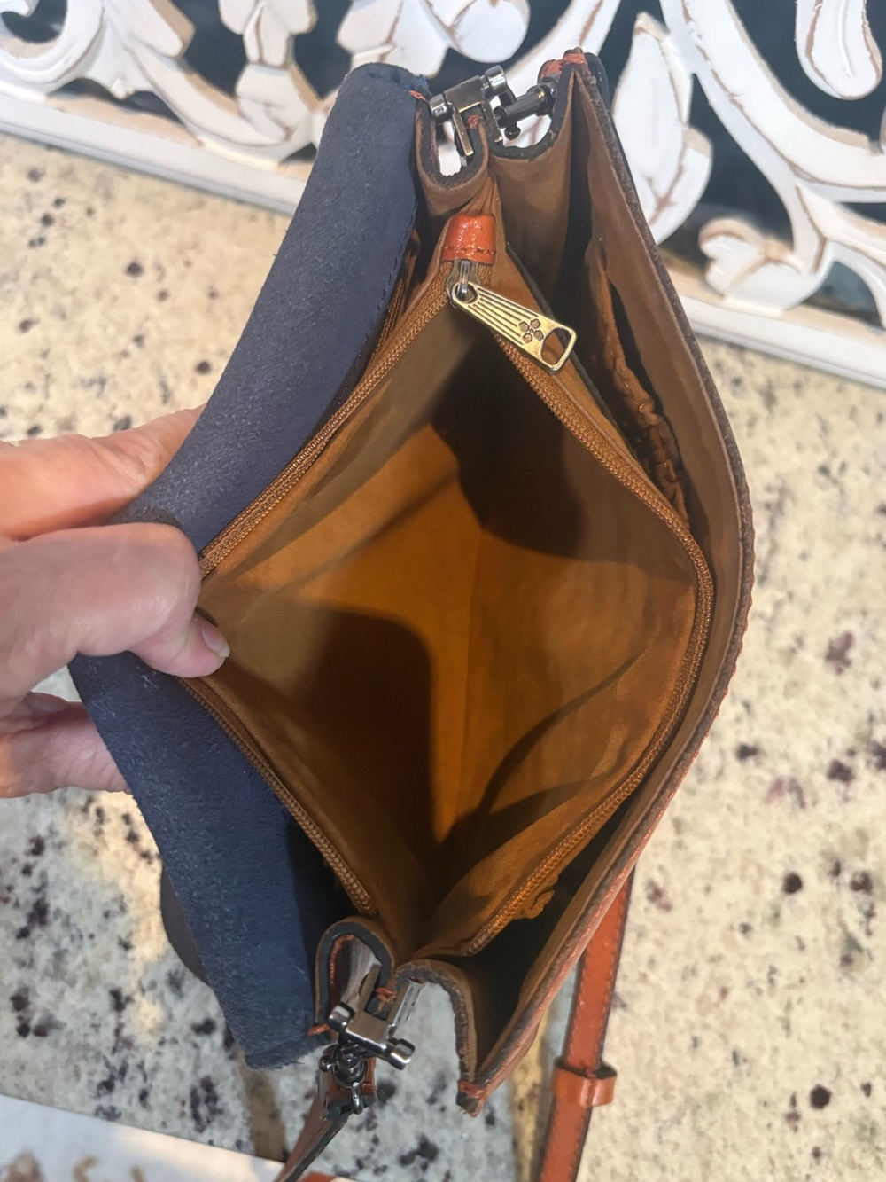 Patricia Nash Bettina Leather Crossbody Saddle Bag in Navy and Brown - Picture 15 of 15